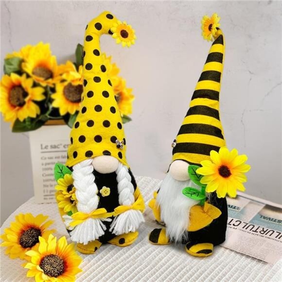 Spring & Summer Gnome Set – 2PCS Sunflower & Bee Plush Decorations, 15” & 14” - Picture 2 of 7